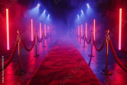 Red carpet and velvet ropes on the sides of an event entrance with spotlights creating dramatic lighting. Elegant background for red carpet events, celebrity vibe photo