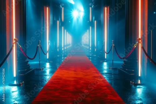 Red carpet and velvet ropes on the sides of an event entrance with spotlights creating dramatic lighting. Elegant background for red carpet events, celebrity vibe photo