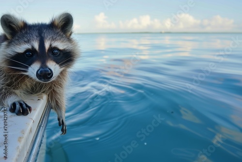 raccoon peering over boat edge, reflection on ocean water