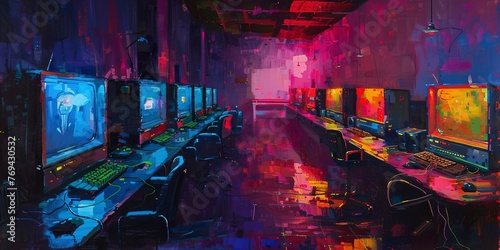 Cyber cafe, oil painted, glowing screens, neon night light, medium focal length.  photo