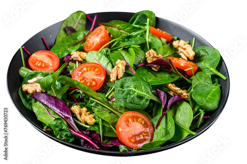 Vegetarian salad with mix leaves mangold, swiss chard, spinach, arugula and nuts in a salad bowl.  Isolated, Transparent background.
