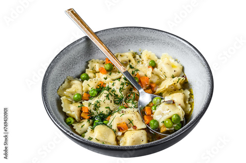 Ravioli Soup dumplings pasta in a bowl with greens.  Isolated, Transparent background.