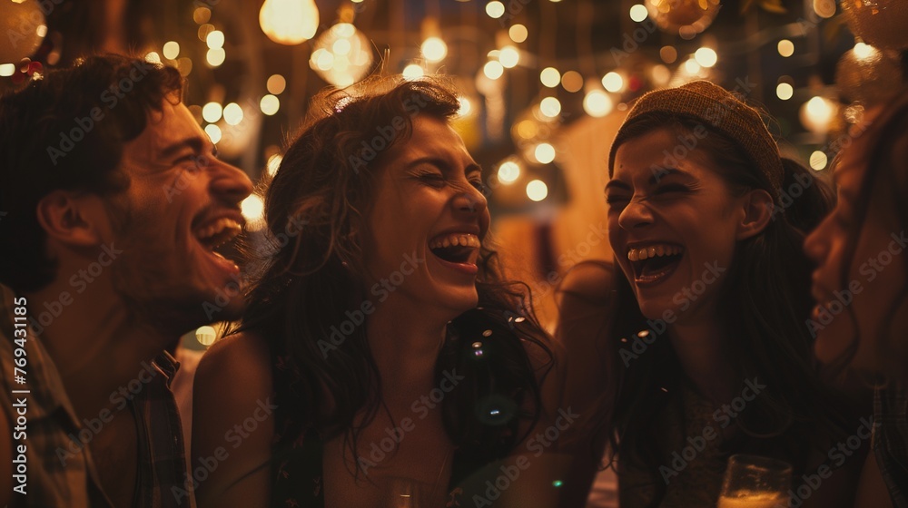A group of friends laughing uproariously together, their faces illuminated with joy and camaraderie.
