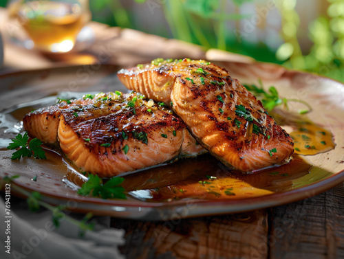 Browned butter honey garlic salmon, served on wooden table. Bright morning light.  photo