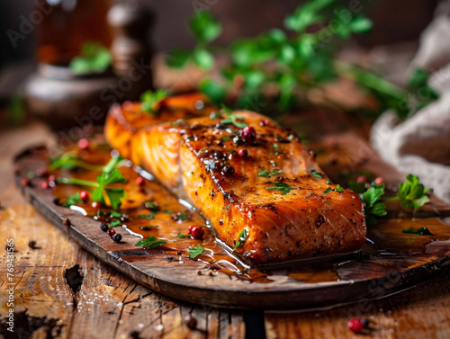 Browned butter honey garlic salmon, served on wooden table. Bright morning light.  photo