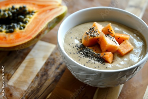 a smoothie bowl with papaya pieces on a wooden surface