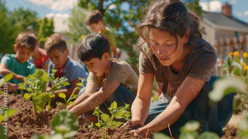 A teacher and her students planting a school garden, their faces filled with excitement and curiosity, as they learn about nature and teamwork firsthand.
