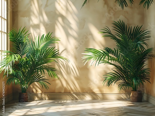 Sunny room with palm trees on light cream-colored walls