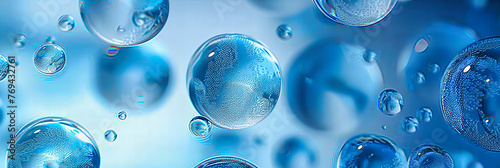 Abstract Blue Water Bubbles Background, Science and Biology Concept, Transparent Spheres