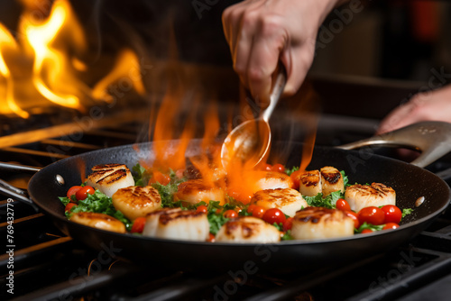 Gourmet Scallops Searing in a Pan with Cherry Tomatoes and Greens, Chef Preparing a Delicious Seafood Dish, Culinary Arts in Action