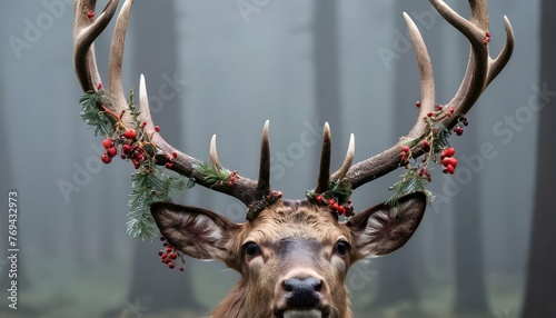 A Stag With Antlers Adorned With Berries