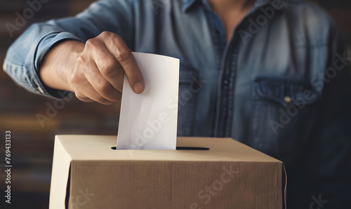 closeup a man hand holding vote paper insert in box, Generative AI