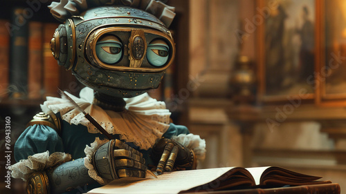 Animated robot in a Baroque poets outfit, writing with a quill, in a classic study, inspiring creativity