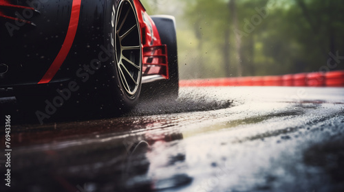 Close-up of a Performance Car's Wheels on a Wet Track, Dynamic Driving Experience, Racing Precision and Speed Concept