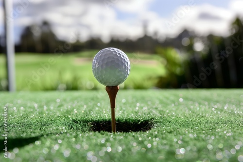 golf ball on a tee on an artificial turf driving range © primopiano
