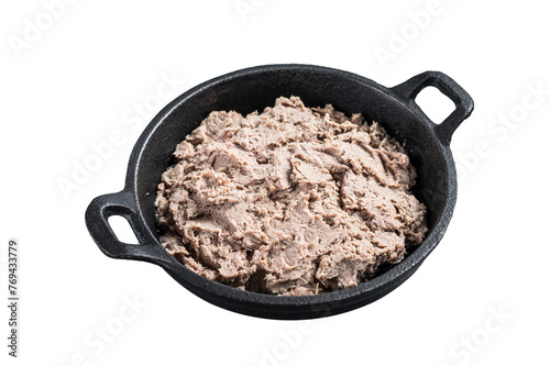 Duck pate Rillettes de Canard in a pan. Isolated, Transparent background.