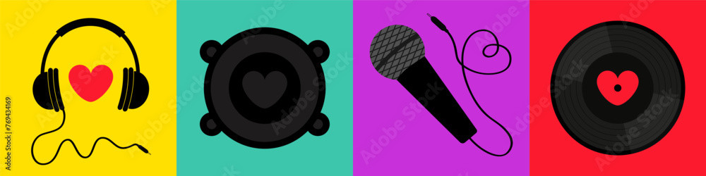 Valentines Day greeting card, music poster, banner set. Heart sign symbol. LOVE. Black vinyl record disk. Headphones, microphone sound speaker, loudspeaker. Flat design. Colorful background. Vector Valentines Day greeting card, music poster, banner set. Heart sign symbol. LOVE. Black vinyl record disk. Headphones, microphone sound speaker, loudspeaker. Flat design. Colorful background. Vector