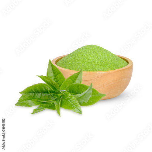 Green tea powder in a wooden cup  with leaves isolated on transparent background. (.PNG)