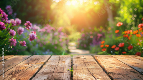 An inviting perspective over a rustic wooden table leading towards a blooming garden bathed in sunset light.