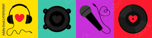 Valentines Day greeting card, music poster, banner set. Heart sign symbol. LOVE. Black vinyl record disk. Headphones, microphone sound speaker, loudspeaker. Flat design. Colorful background. Vector