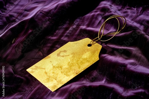 luxurious goldcolored blank tag on a velvet evening gown photo