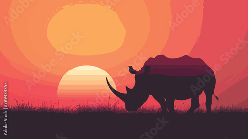 Rhinoceros on sunset background Flat vector 
