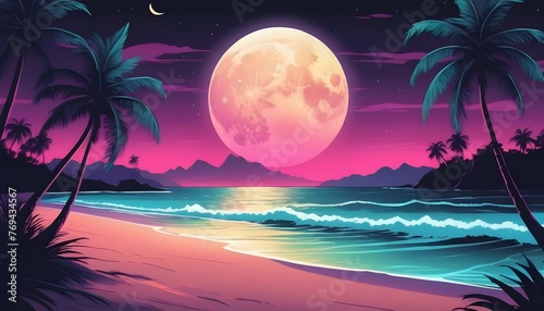 An Illustration Of A Tropical Beach At Night With