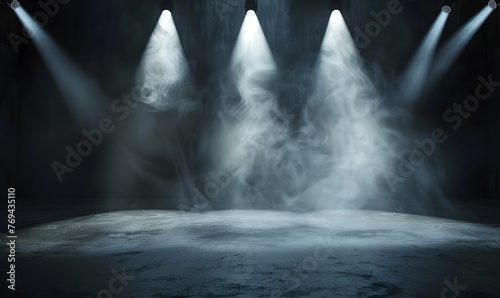 llustration of spotlights shine on stage floor in dark room, Generative AI photo