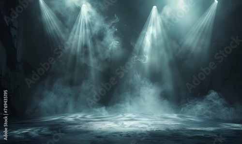 llustration of spotlights shine on stage floor in dark room, Generative AI © simba kim