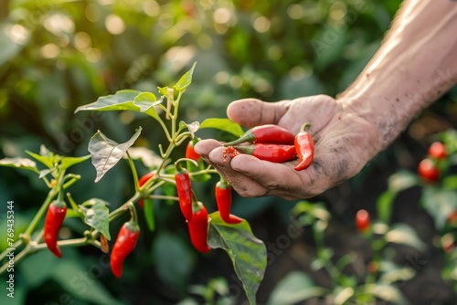 farmer holding handful of red chili peppers in field
