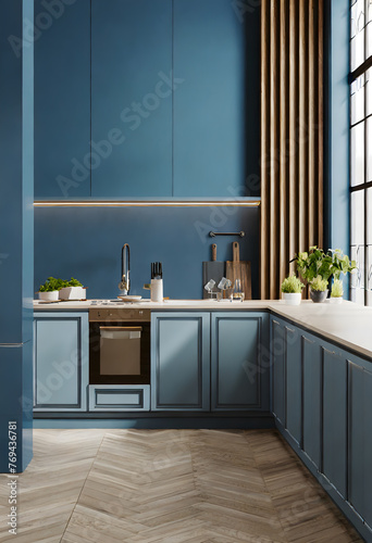 Modern style kitchen interior design with dark blue wall.3d rendering. Generative AI.