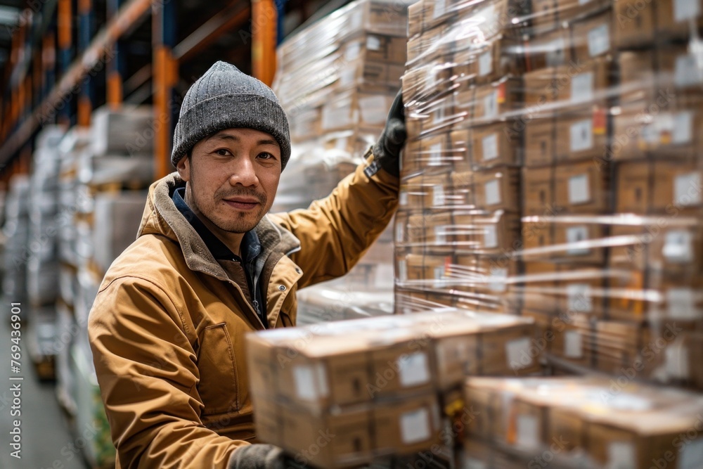Warehouse worker in warm clothing standing next to a stack of wrapped boxes
