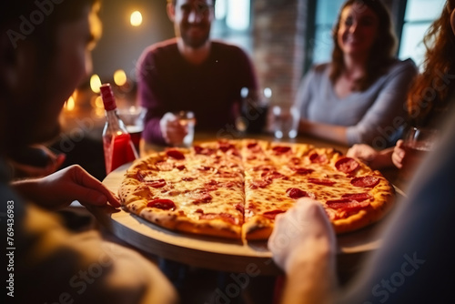 Delicious Pepperoni Pizza on the Table with Friends Gathering Around, Casual Dining Experience in a Cozy Restaurant Ambiance