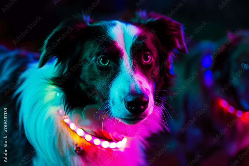 border collie with led wristbands, mixer lit up