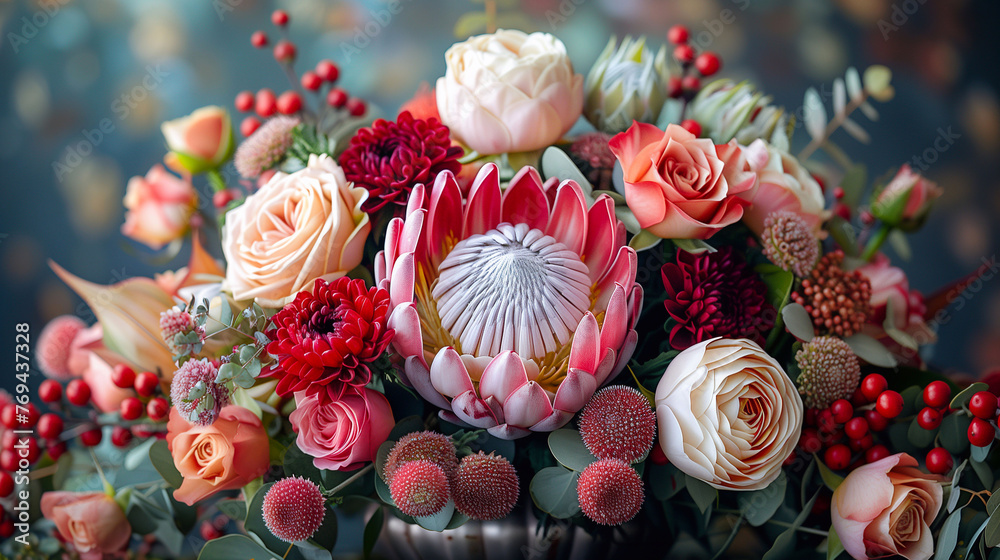 Beautiful bouquet of flowers in vase, closeup.