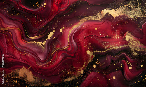 Maroon gold abstract texture marble pattern liquid ink paint, Generative AI photo