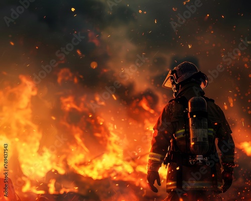 A firefighter standing in front of a blazing inferno © Sirisook