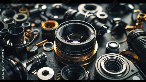 Closeup of a DSLR lens disassembled to show the complexity and beauty of its lens elements