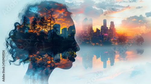 double exposure: person against blend of lush forests and with urban skylines, juxtaposition of nature and human civilization