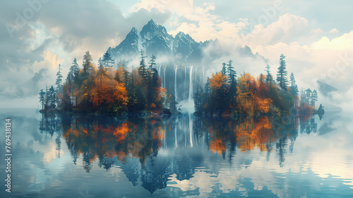 sunrise over the mountains and lake in autumn 