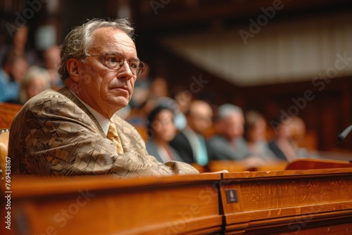 Thoughtful male politician in a suit sitting in the assembly hall