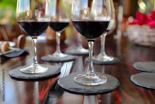 round slate coasters with wine glasses during a tasting event