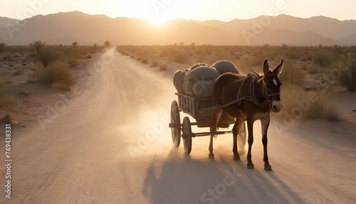 A Mule Pulling A Cart Along A Dusty Desert Road W