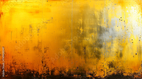 A painting of a yellow wall with a gold frame. The wall is covered in graffiti and has a lot of texture. The painting has a lot of gold and yellow tones, giving it a warm and inviting feel