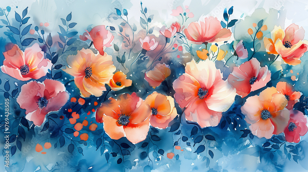 watercolor background with poppy field - obrazy, fototapety, plakaty 