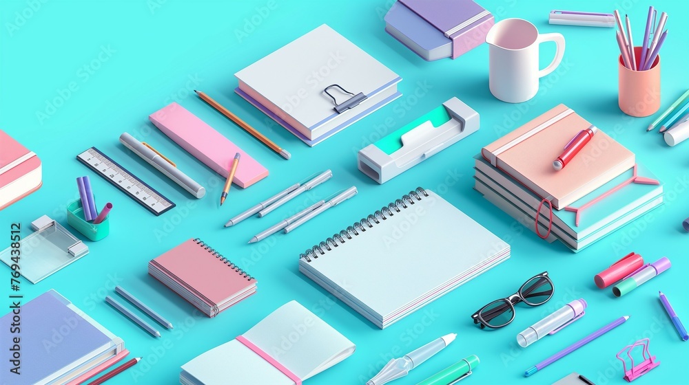 Office desk with various office supplies on a colorful surface.