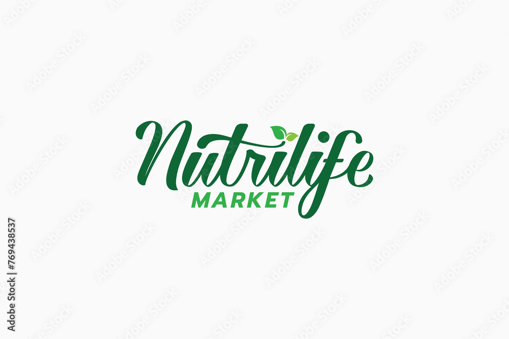 nutrilife market logo in the form of a wordmark with a combination of leaves and beautiful lettering.