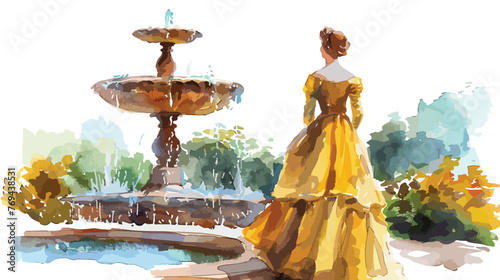 Vintage lady by the fountain watercolor Flat vector 