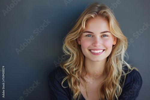 A headshot of a beautiful blond smiling young woman looking at the camera on a gray background, watercolor illustration style © Ajit