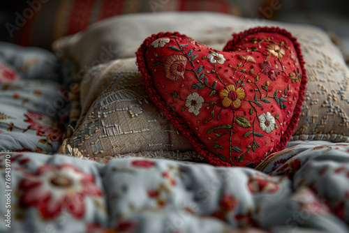 a heart in the style of embroidery, hasselblad xcd 80mm f/1.9, bedroom, patchwork art, romanticism, light red, pillow photo